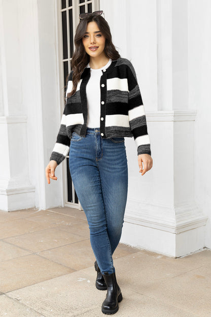 Striped Button Up Long Sleeve Cardigan-Angel Casuals