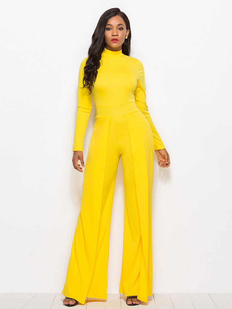 Long Sleeve Mock Neck Wide Leg Jumpsuit-Angel Casuals