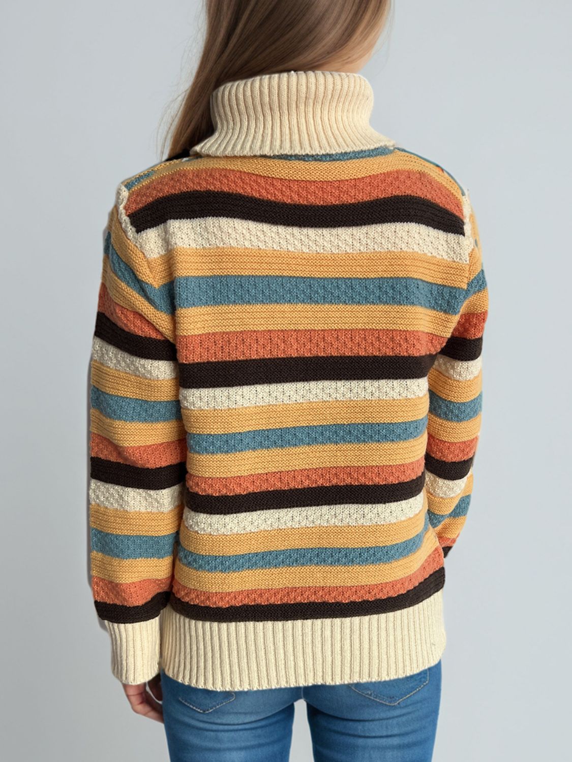 Contrast Stripes Turtleneck Long Sleeve Sweater-Angel Casuals