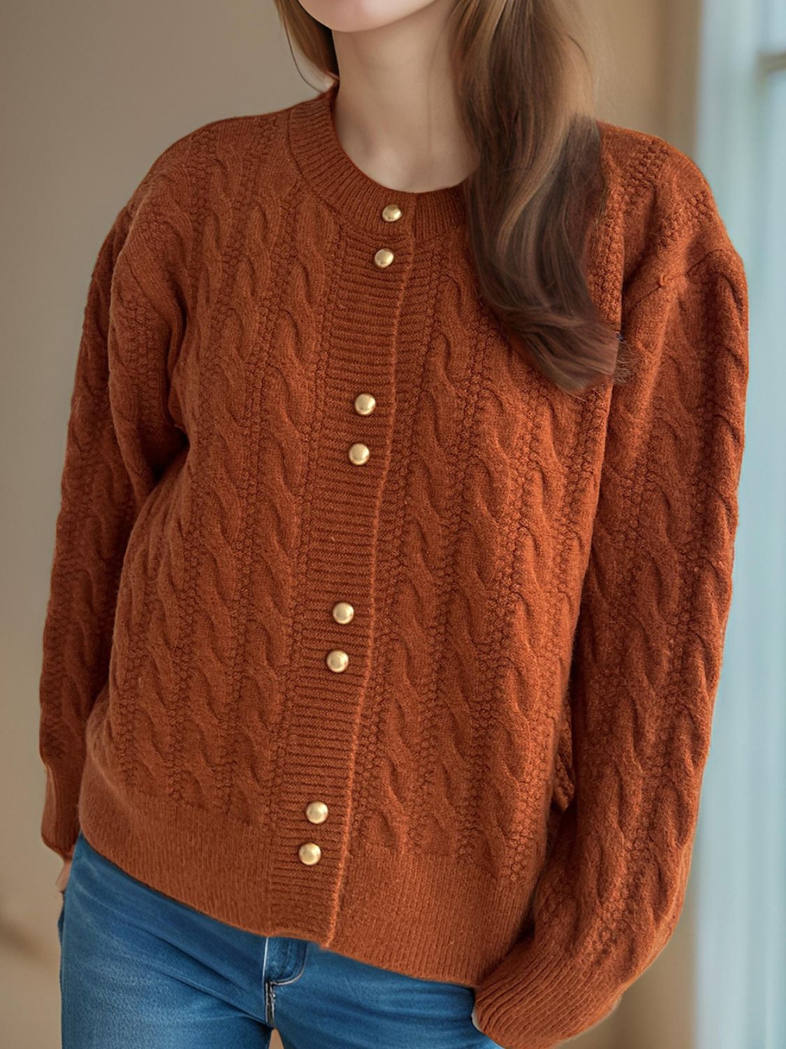 Cable-Knit Round Neck Long Sleeve Cardigan-Angel Casuals