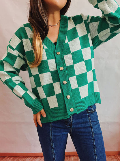 Checkered Open Front Button Up Cardigan-Angel Casuals