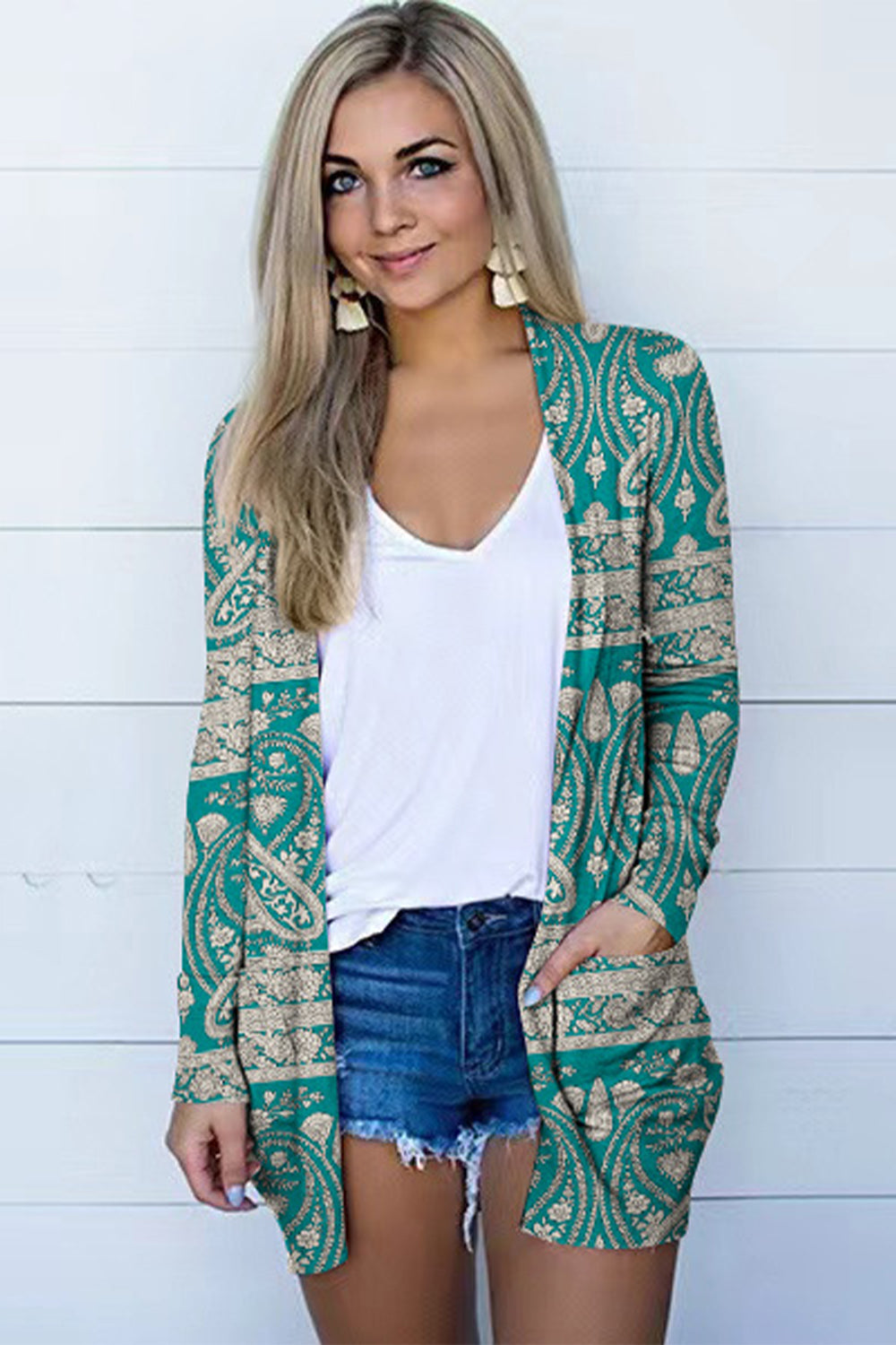 Printed Long Sleeve Cardigan-Angel Casuals