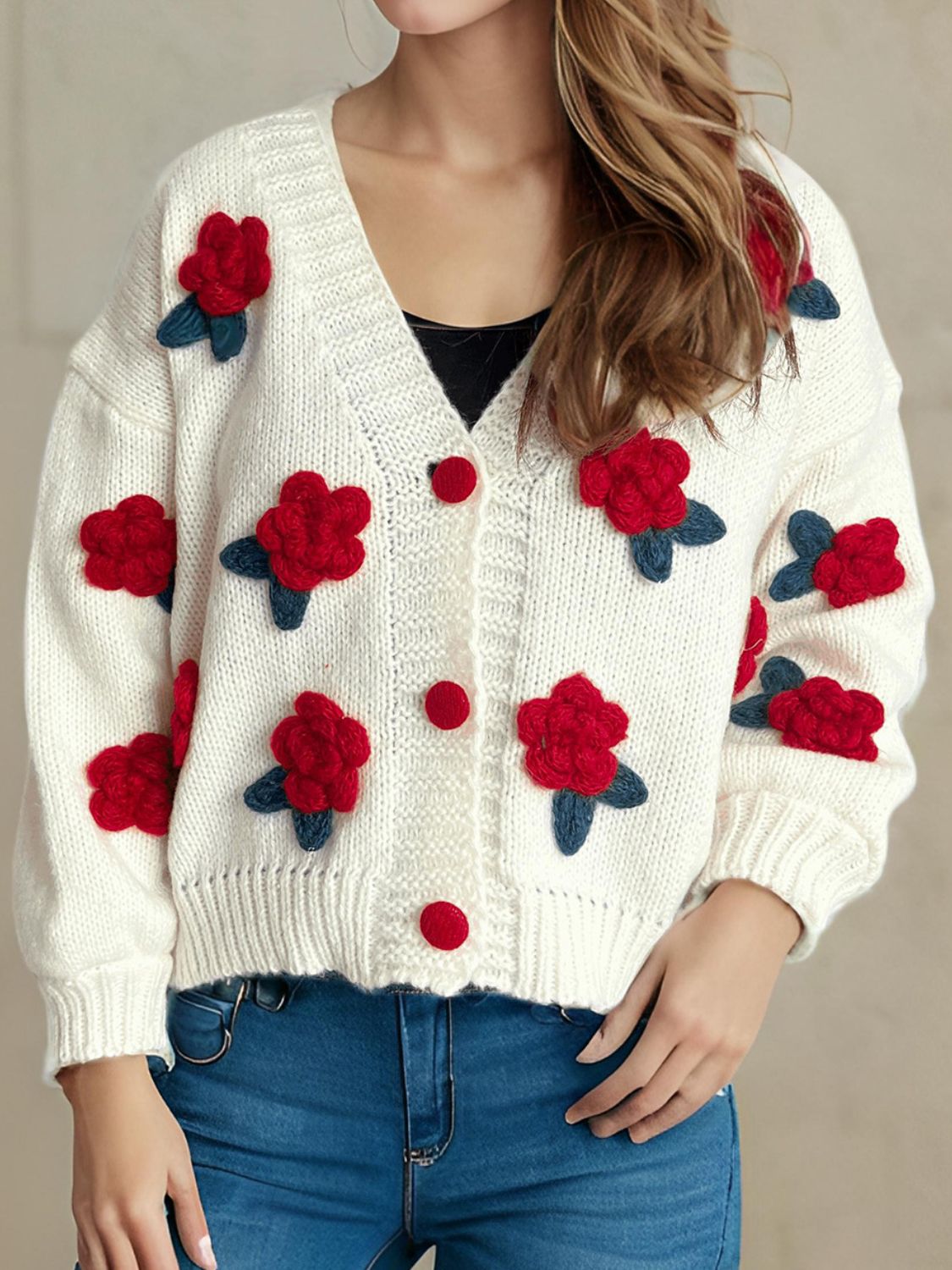 Flower Button Down V-Neck Long Sleeve Cardigan-Angel Casuals