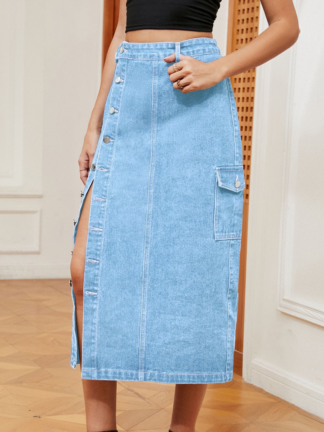 Button Down Midi Denim Skirt-Angel Casuals