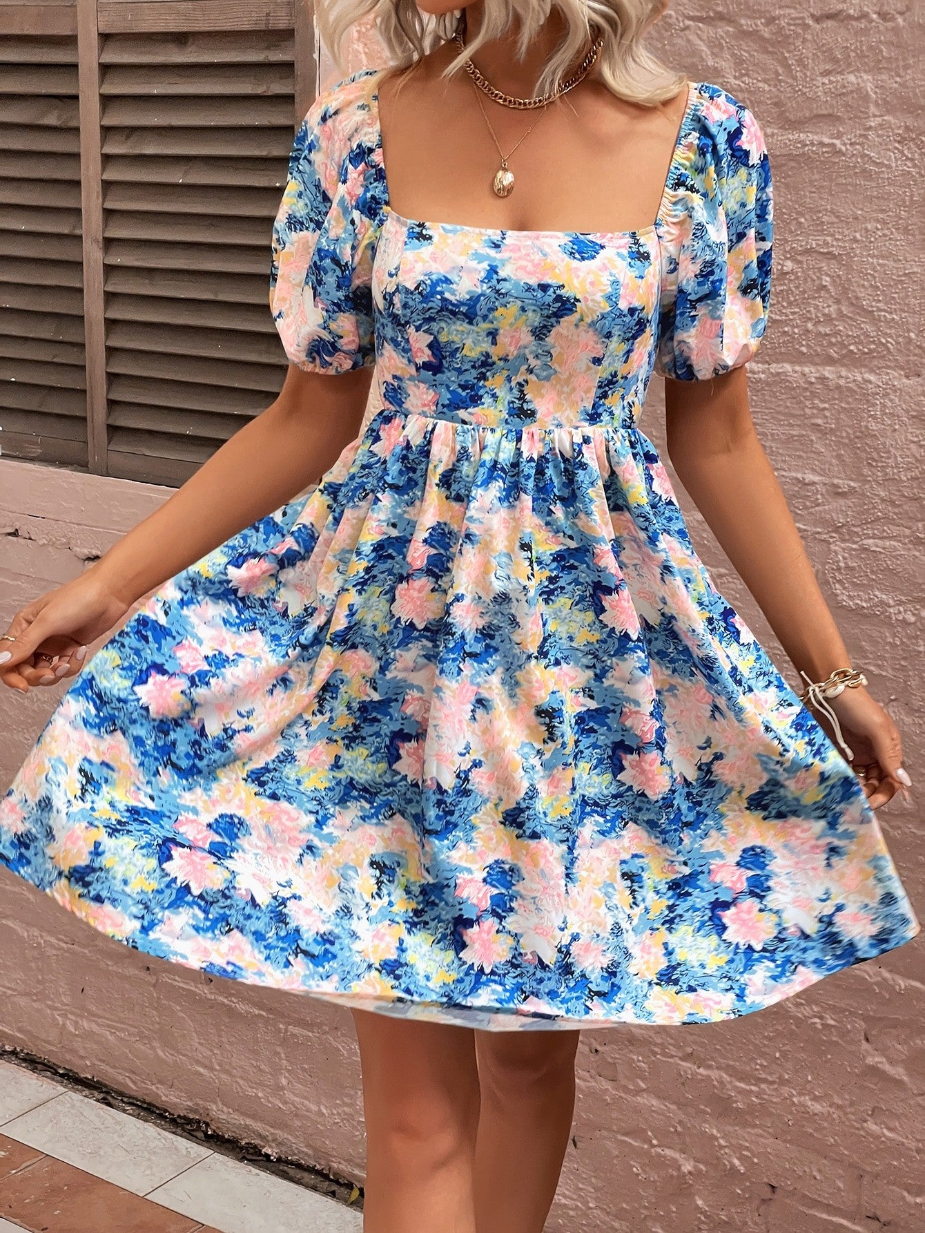 Floral Square Neck Puff Sleeve Dress-Angel Casuals