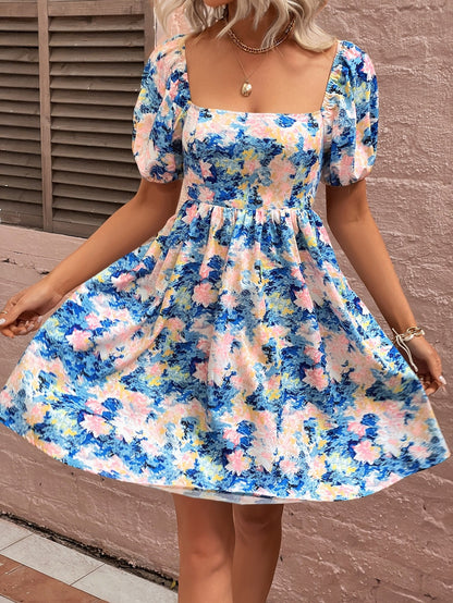 Floral Square Neck Puff Sleeve Dress-Angel Casuals