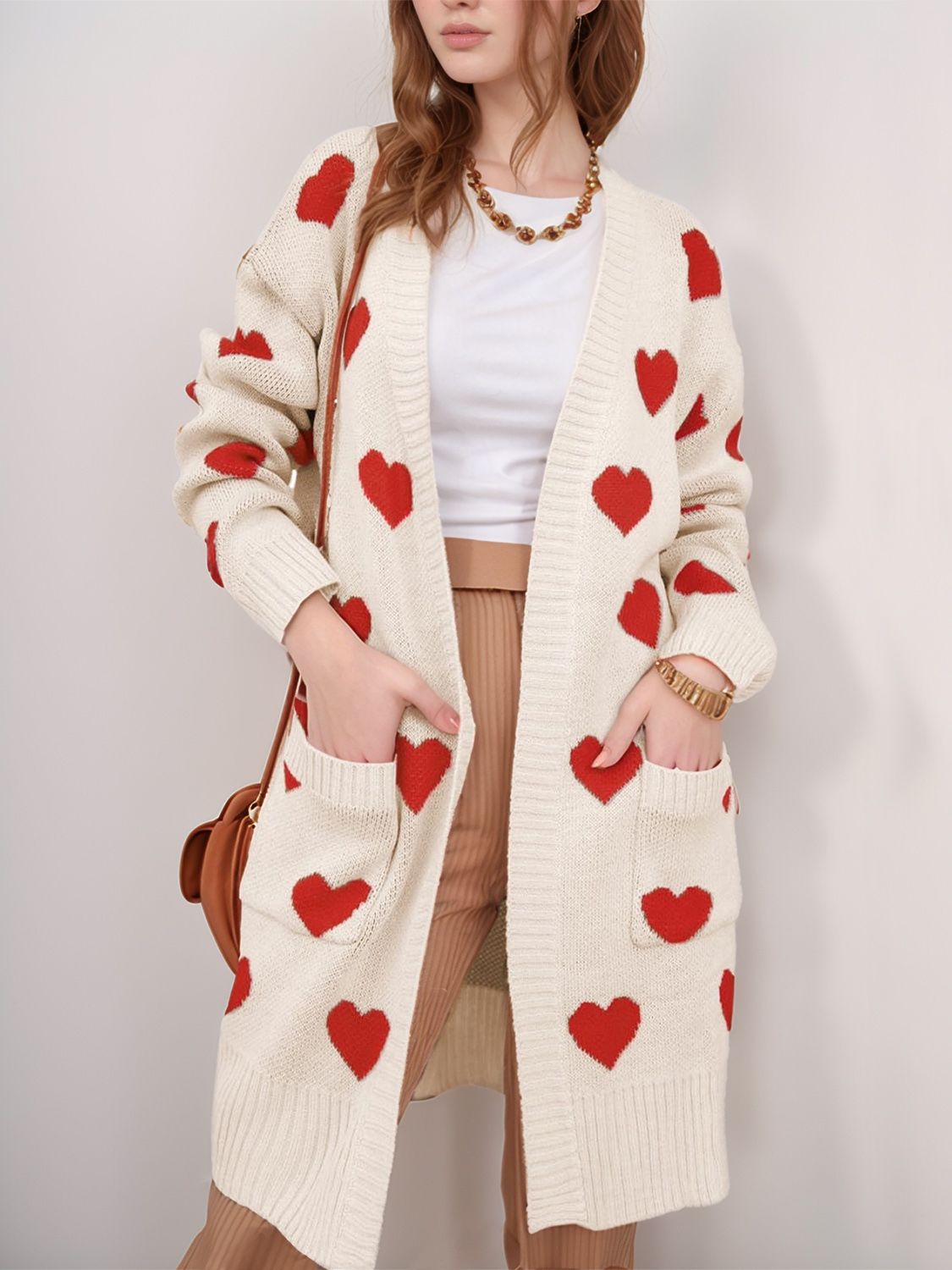 Heart Open Front Long Sleeve Cardigan-Angel Casuals