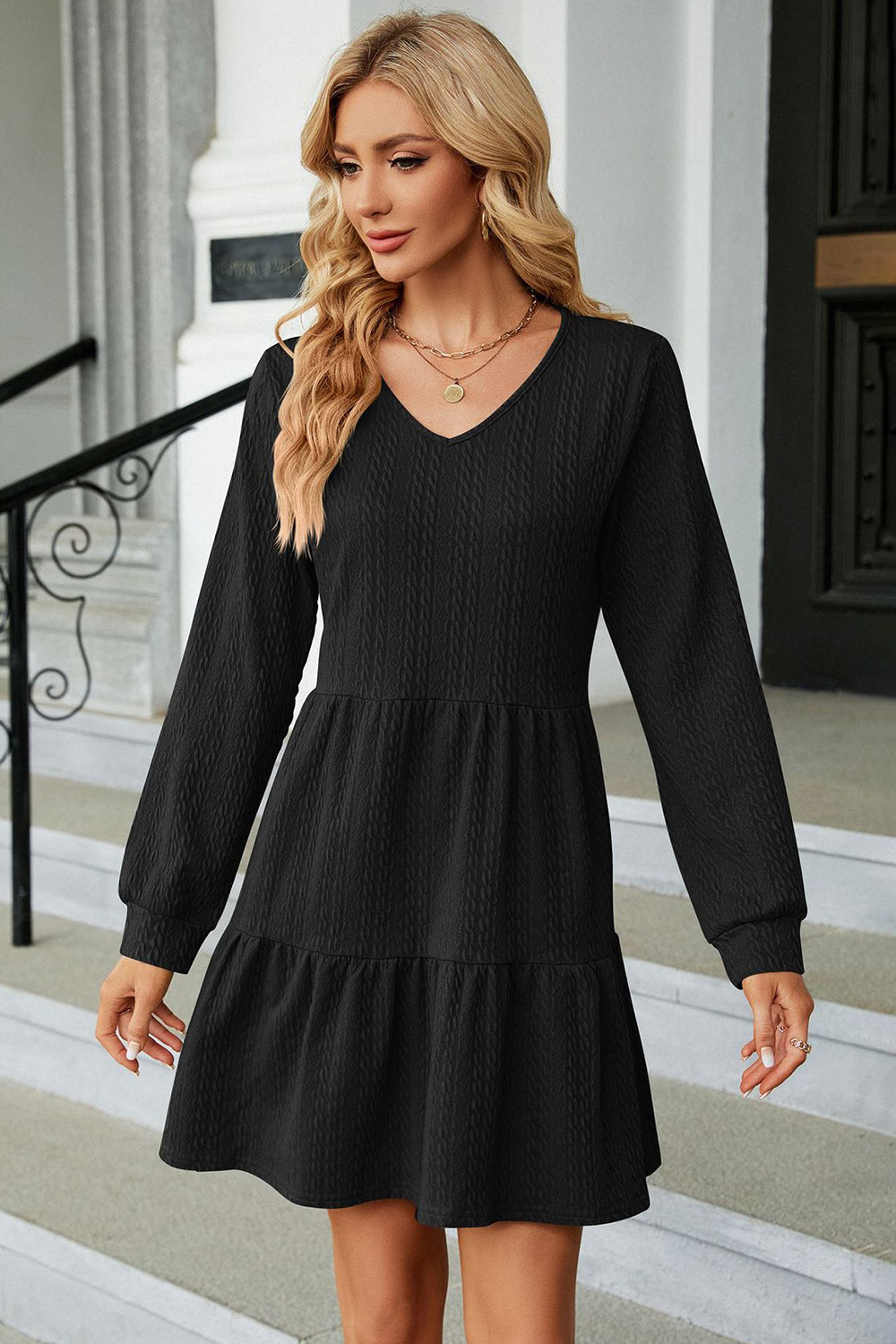 V-Neck Long Sleeve Mini Dress-Angel Casuals