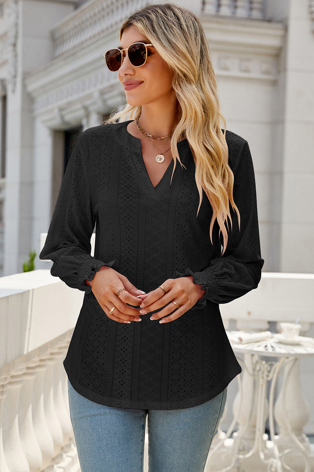 Eyelet Notched Lantern Sleeve T-Shirt-Angel Casuals