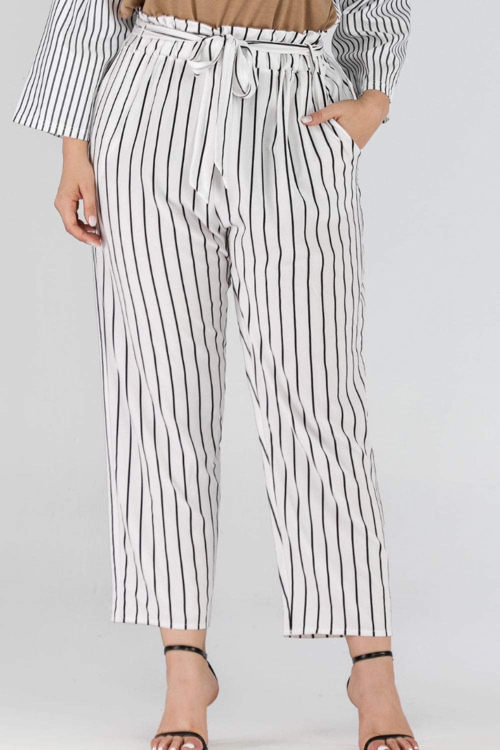 Full Size Striped Paperbag Waist Cropped Pants-Angel Casuals