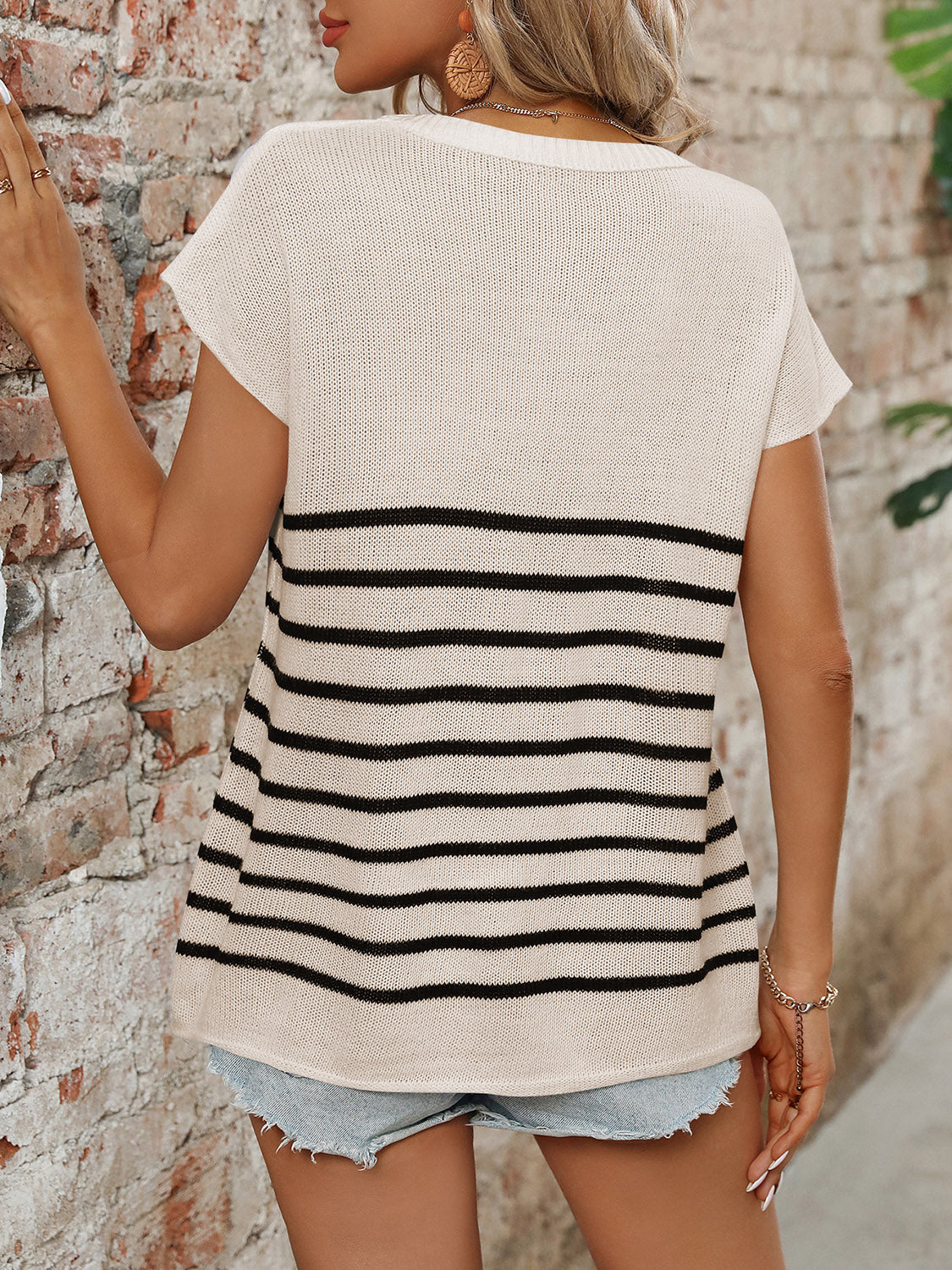 Mandy Striped Round Neck Short Sleeve Knit Top-Angel Casuals