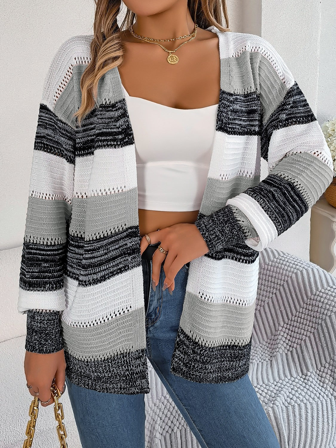 Openwork Striped Open Front Cardigan-Angel Casuals