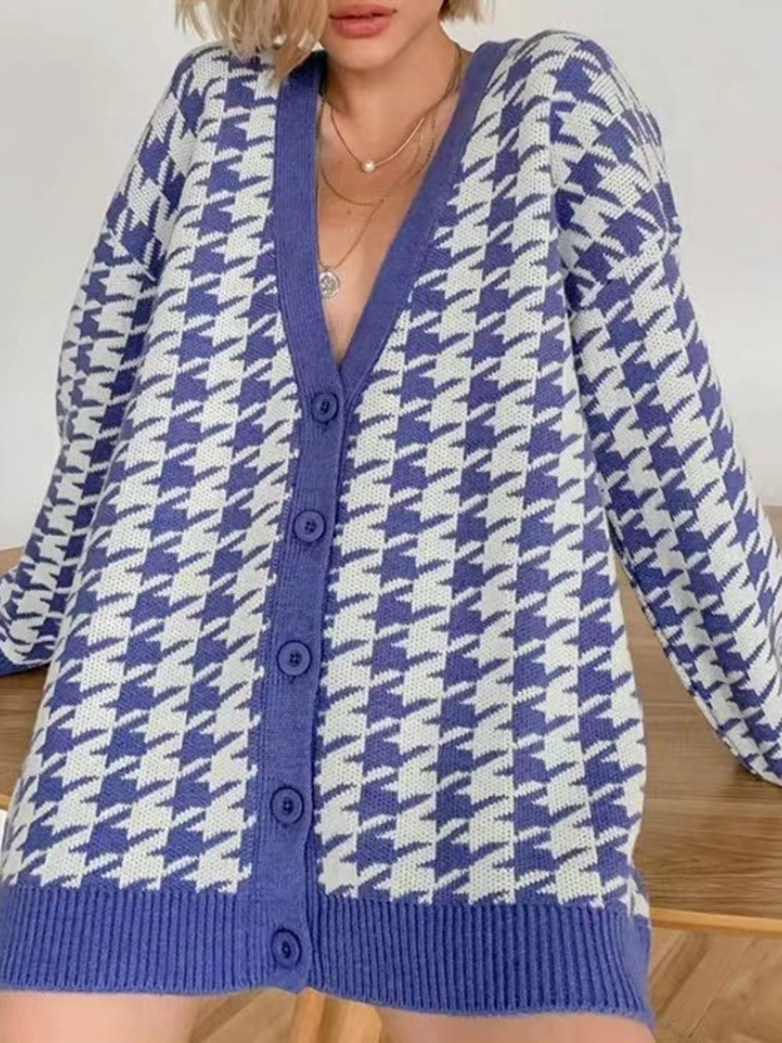 Houndstooth Button Up Long Sleeve Cardigan-Angel Casuals