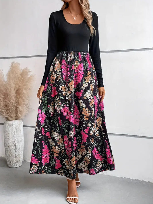 Floral Round Neck Long Sleeve Maxi Dress-Angel Casuals