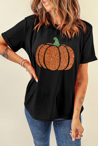 Glitter Pumpkin Round Neck Short Sleeve T-Shirt-Angel Casuals
