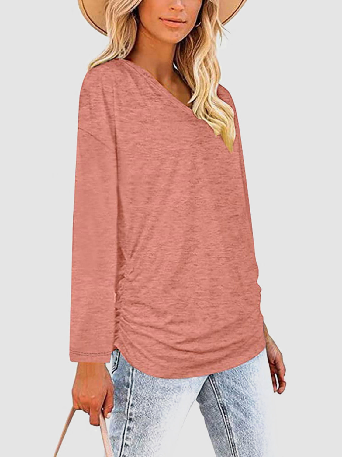 Ruched V-Neck Long Sleeve T-Shirt-Angel Casuals