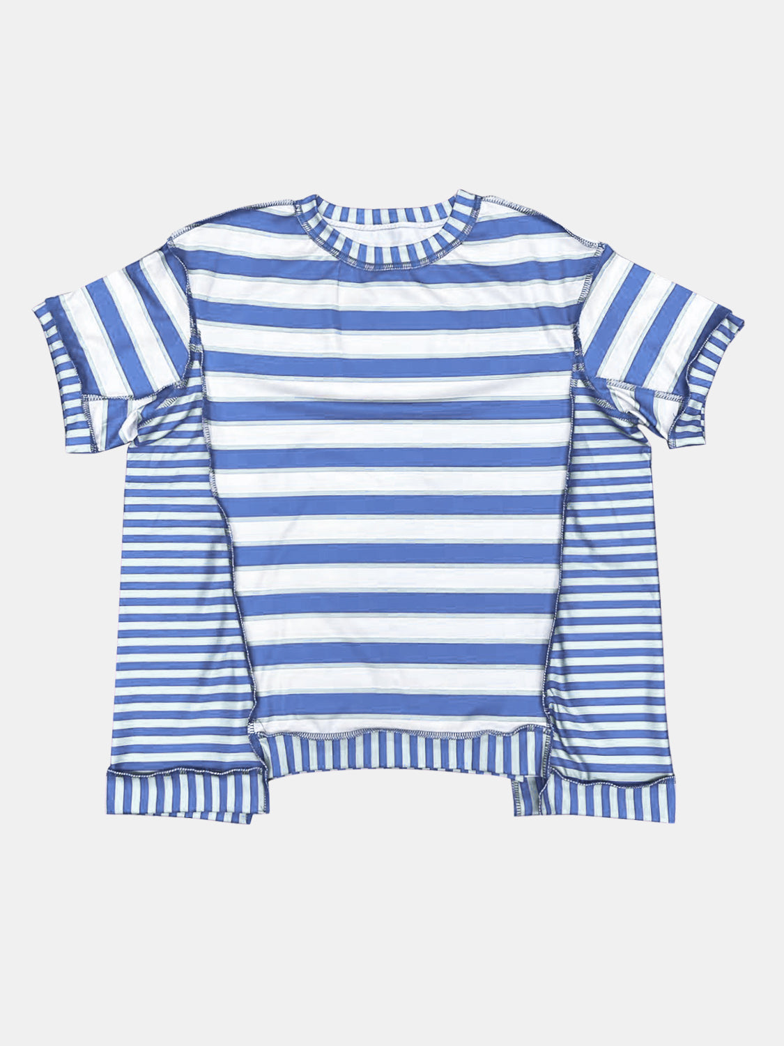 Full Size Contrast Stitching Striped Round Neck T-Shirt-Angel Casuals