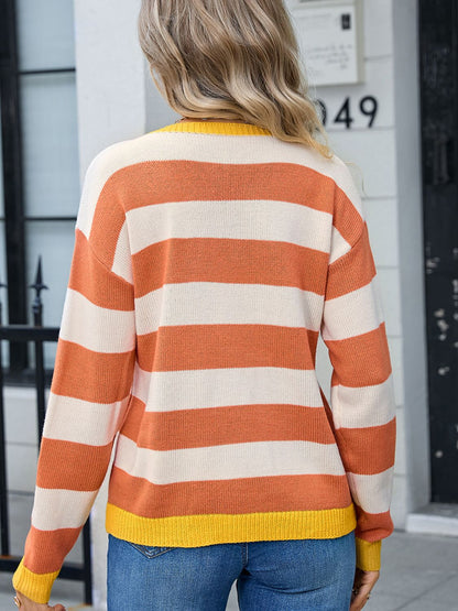 Angel Wings Striped Round Neck Dropped Shoulder Sweater-Angel Casuals