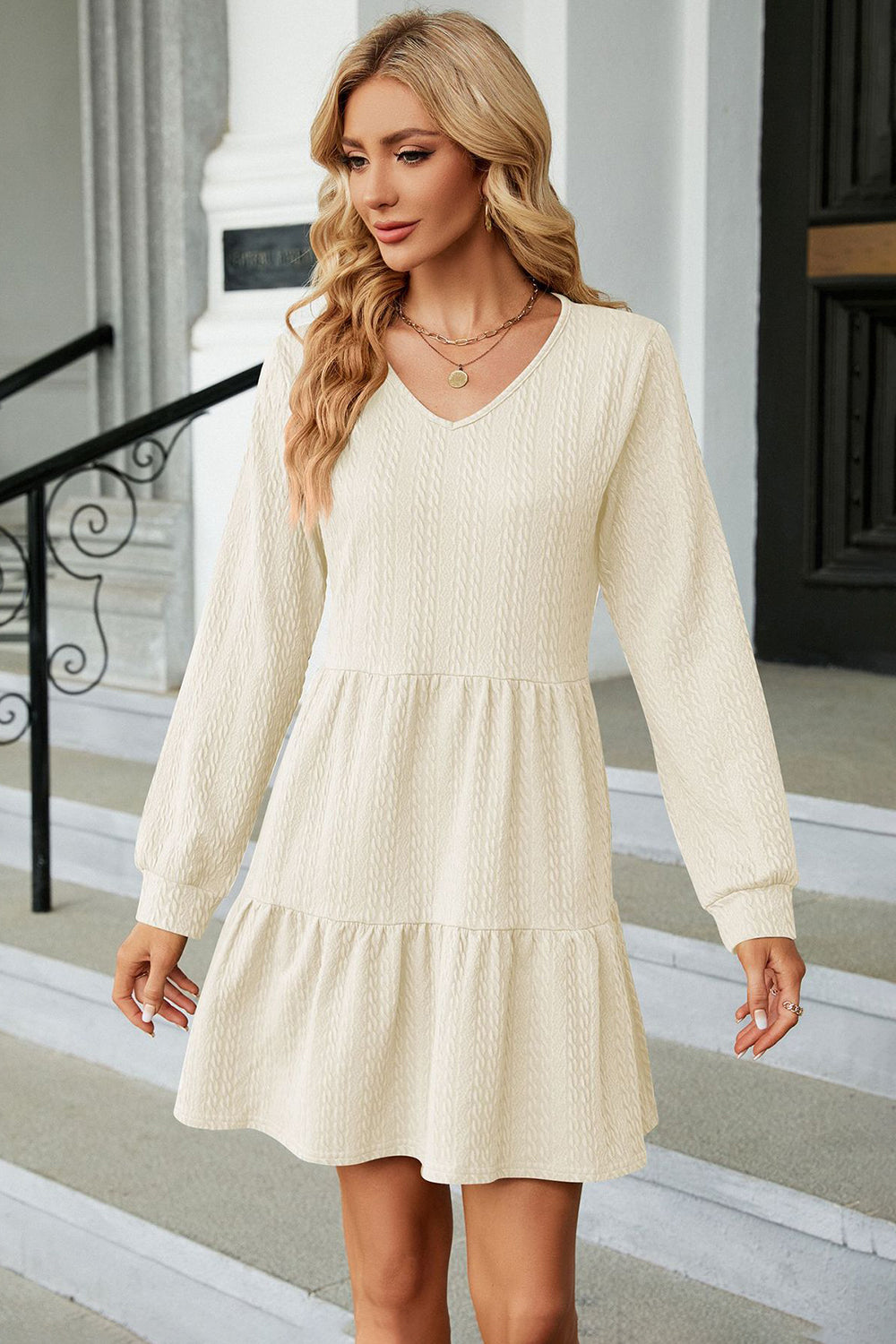 V-Neck Long Sleeve Mini Dress-Angel Casuals