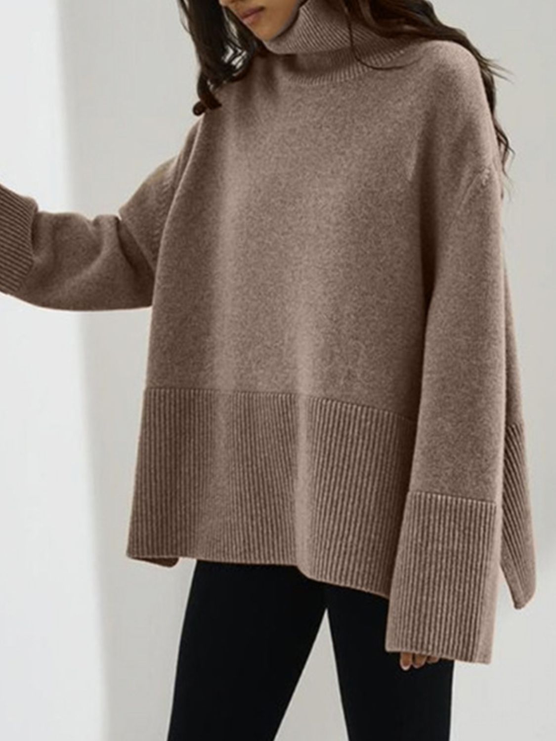 Side Slit Turtleneck Drop Shoulder Sweater-Angel Casuals