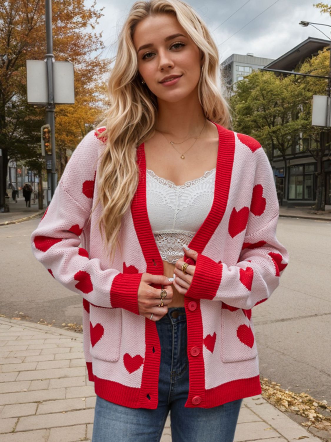 Heart Button Up Dropped Shoulder Long Sleeve Cardigan-Angel Casuals