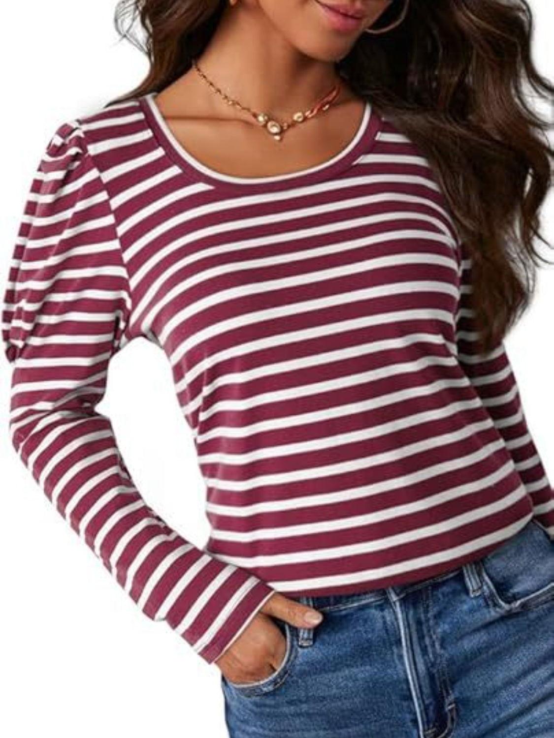 Striped Round Neck Long Sleeve T-Shirt-Angel Casuals