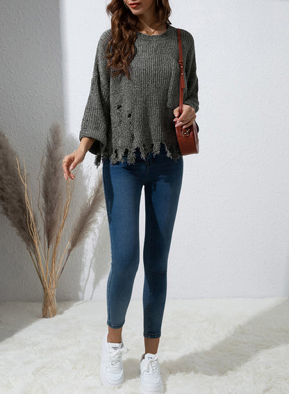 Distressed Round Neck Drop Shoulder Sweater-Angel Casuals