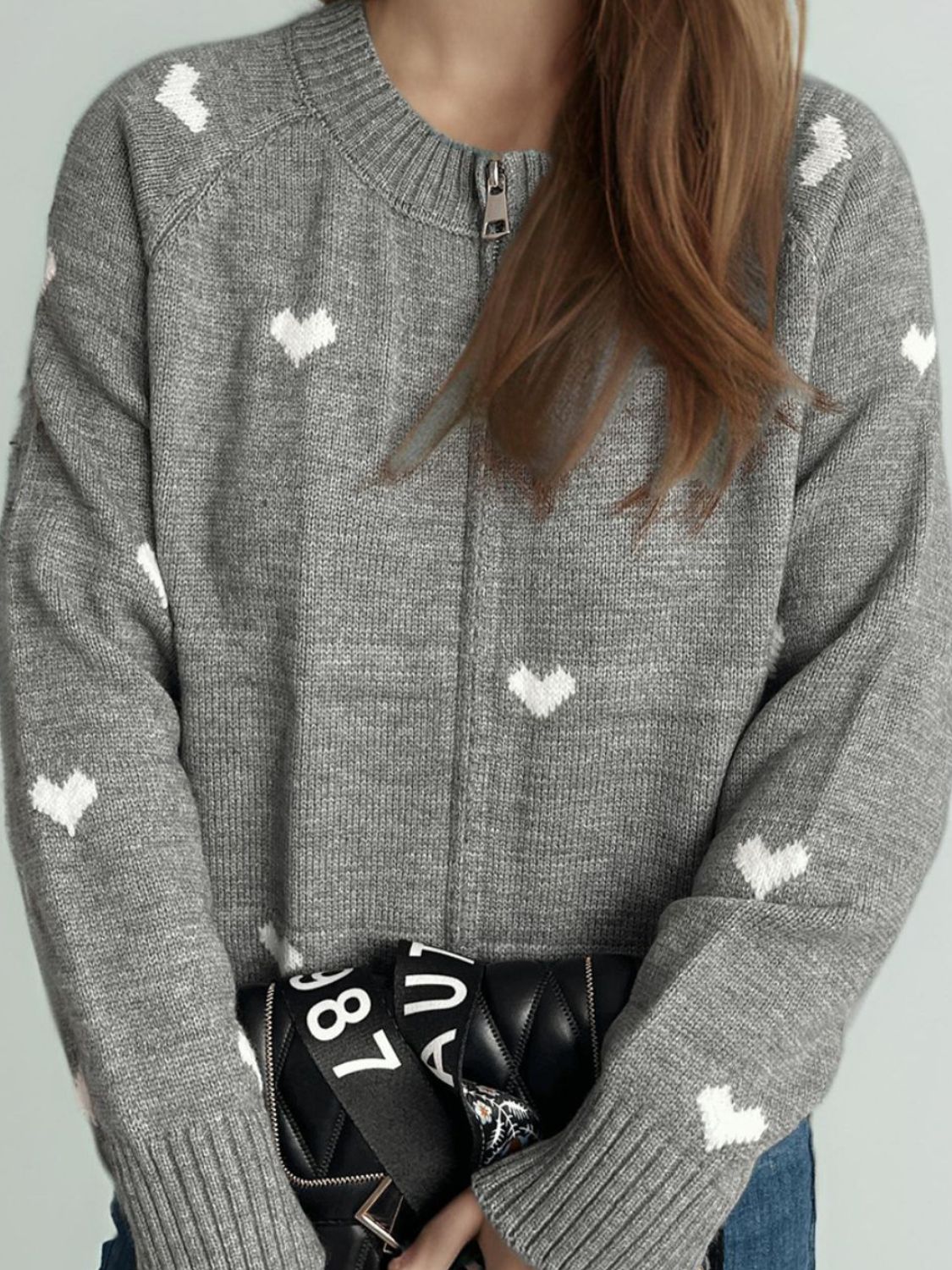 Heart Round Neck Zip Up Cardigan-Angel Casuals