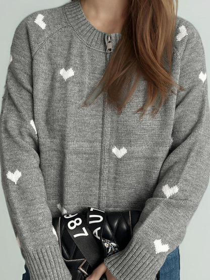 Heart Round Neck Zip Up Cardigan-Angel Casuals