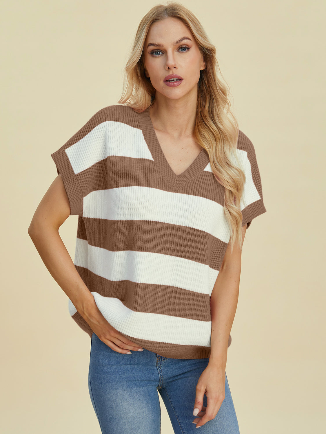 Double Take Full Size Striped V-Neck Short Sleeve Sweater-Angel Casuals