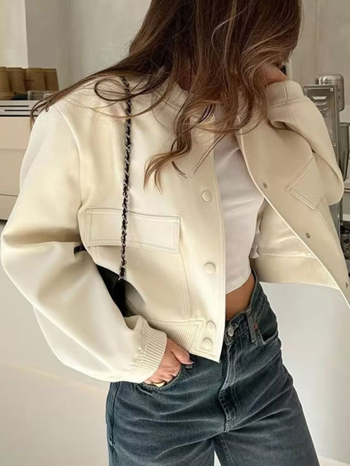 Pocketed Snap Down Baseball Collar Jacket-Angel Casuals