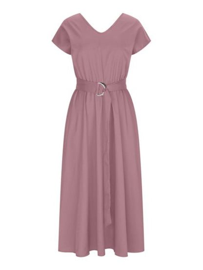 Ruched V-Neck Cap Sleeve Dress-Angel Casuals