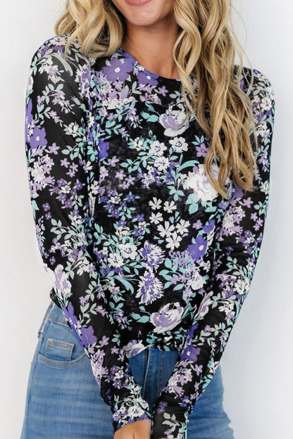 Floral Round Neck Long Sleeve T-Shirt-Angel Casuals