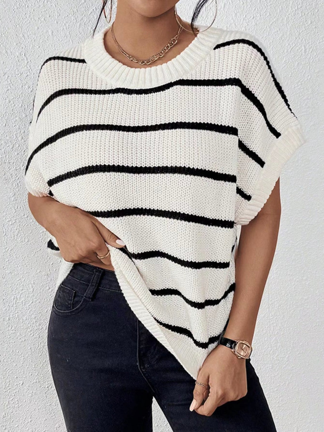 Striped Round Neck Short Sleeve Knit Top-Angel Casuals