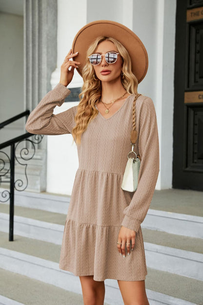 V-Neck Long Sleeve Mini Dress-Angel Casuals