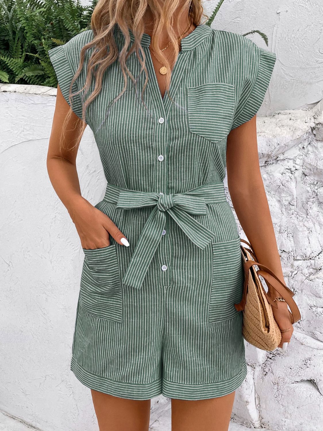 Striped Notched Tie Waist Romper-Angel Casuals