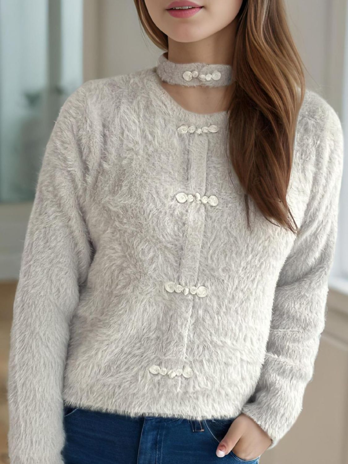 Cutout Knot Button Long Sleeve Cardigan-Angel Casuals
