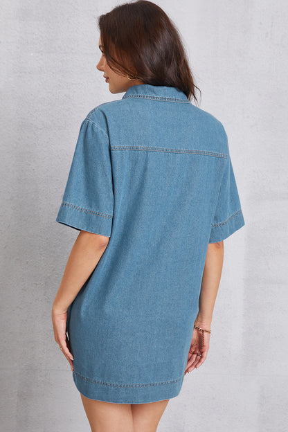 Pocketed Collared Neck Mini Denim Dress-Angel Casuals