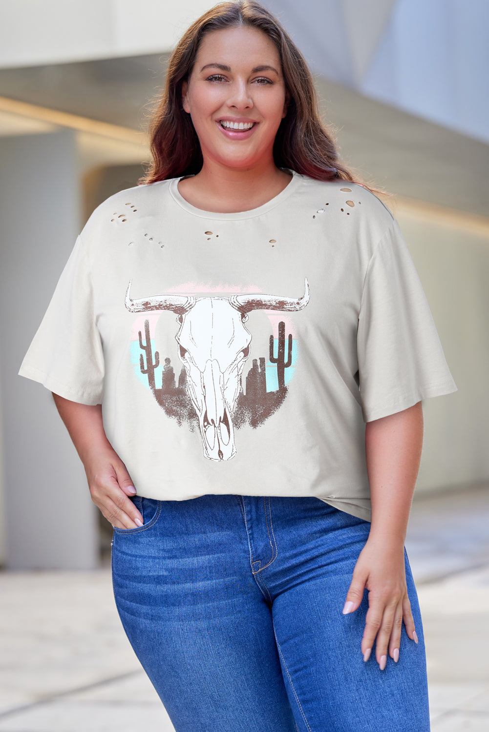 Plus Size Animal Graphic Distressed Tee Shirt-Angel Casuals