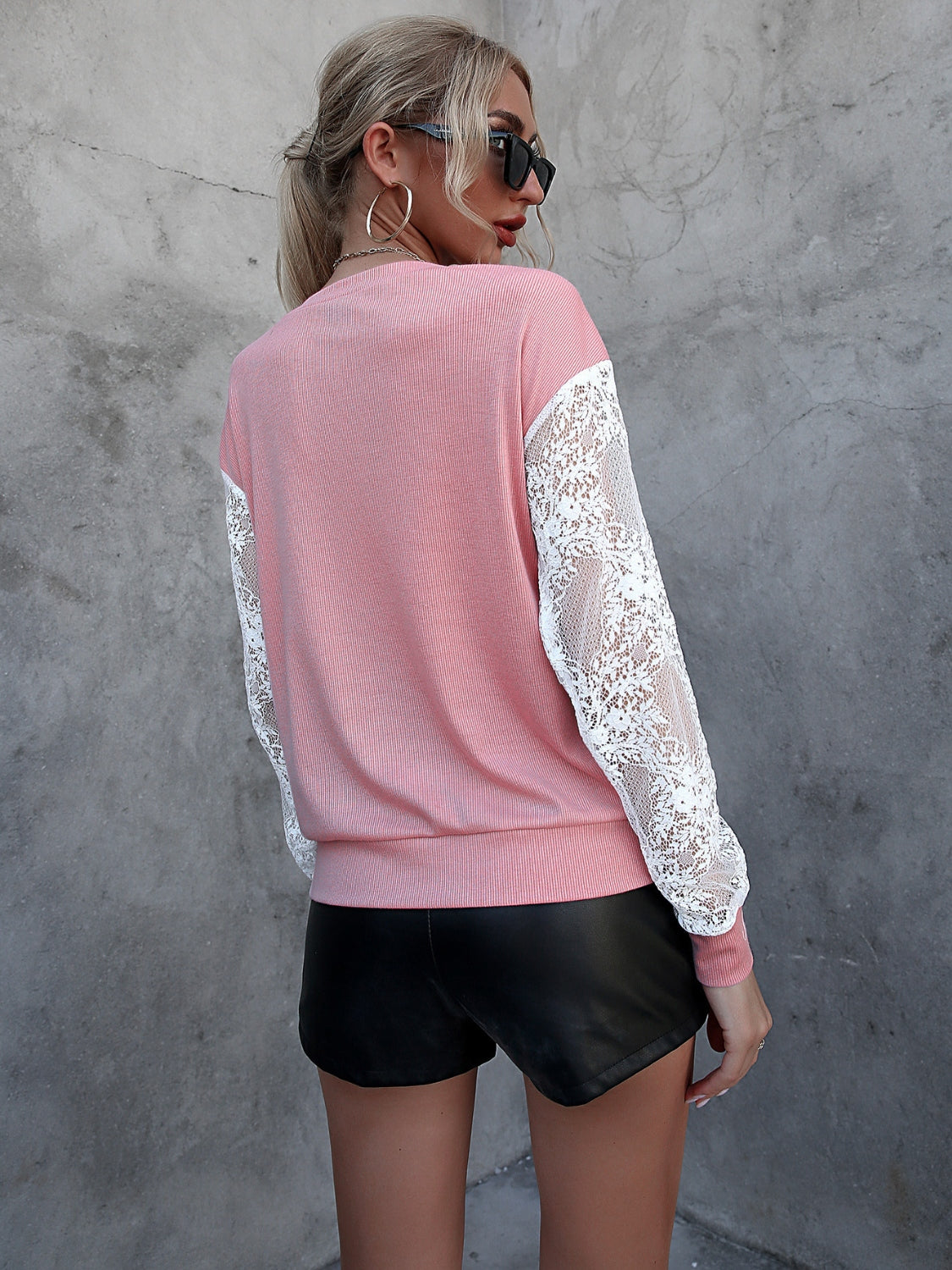 Lace Detail Round Neck Dropped Shoulder T-Shirt-Angel Casuals