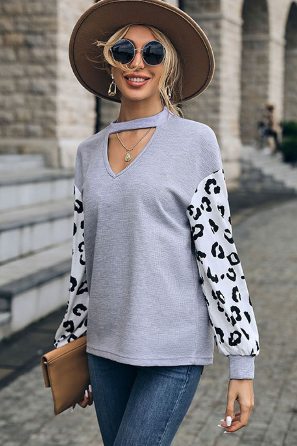 Leopard Print Cutout Long Sleeve Tee-Angel Casuals