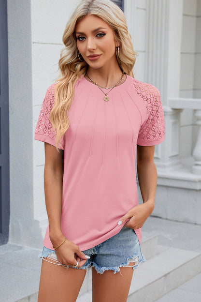 Openwork Round Neck Short Sleeve T-Shirt-Angel Casuals