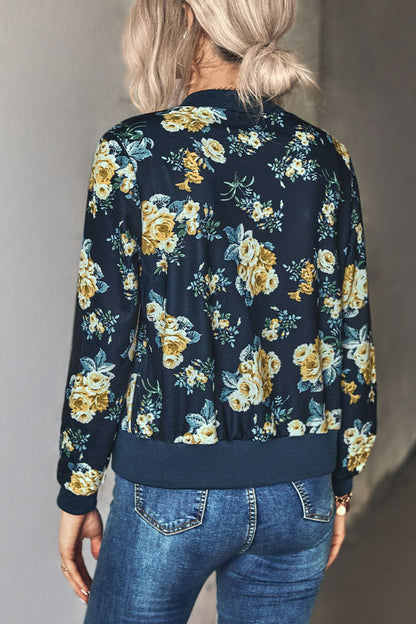 Floral Zip Up Ribbed Trim Bomber Jacket-Angel Casuals