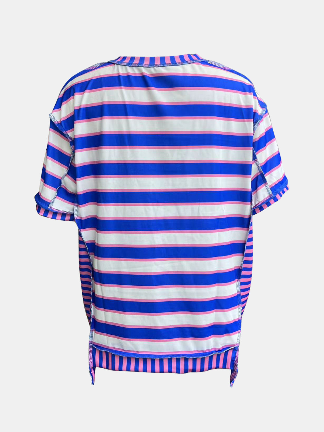 Full Size Contrast Stitching Striped Round Neck T-Shirt-Angel Casuals