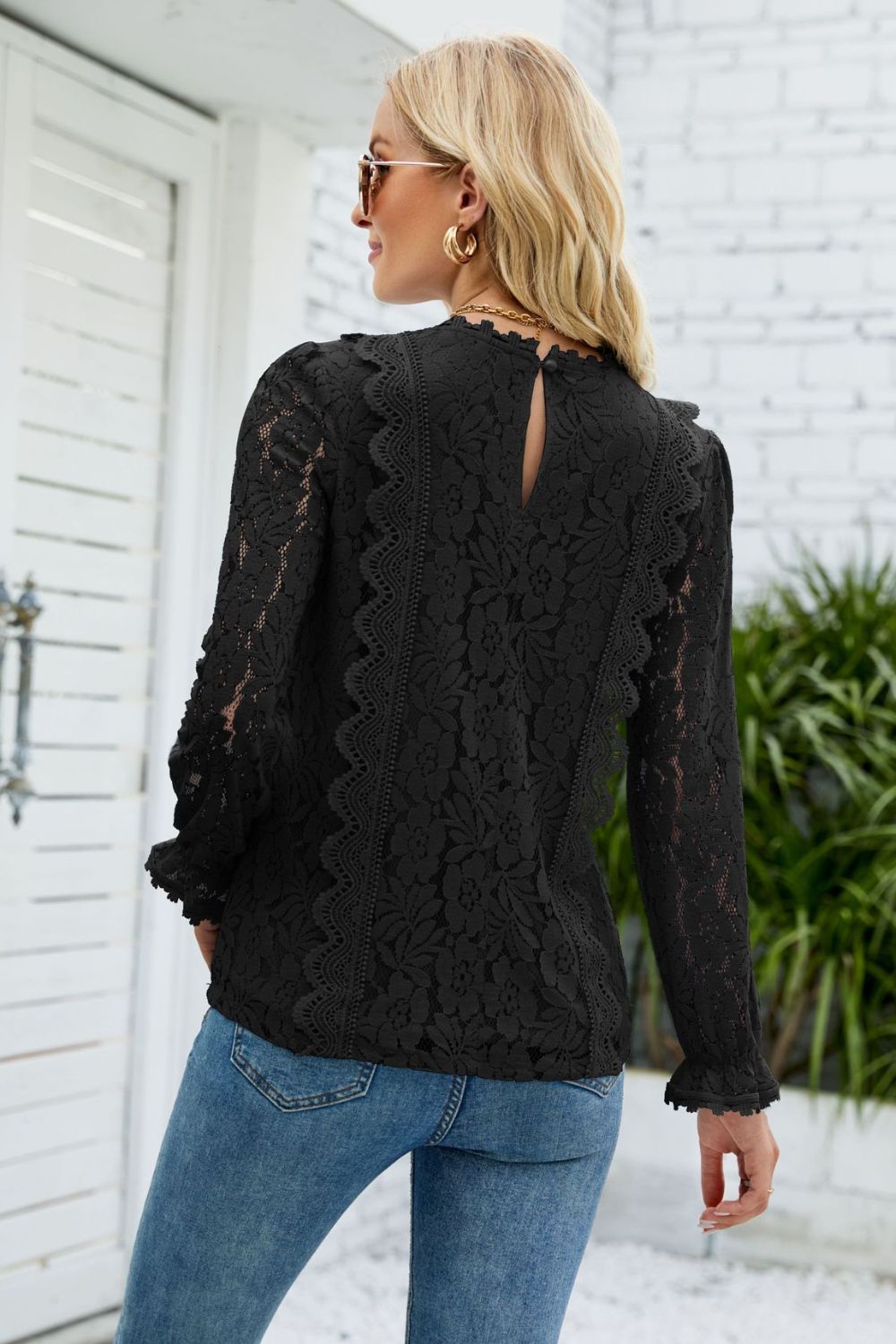 V-Neck Flounce Sleeve Lace Top-Angel Casuals