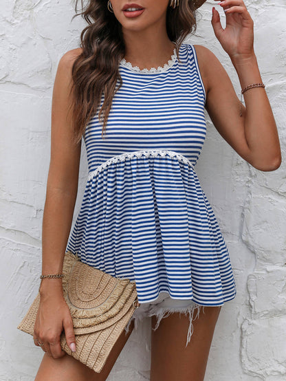 Striped Lace Trim Round Neck Tank-Angel Casuals