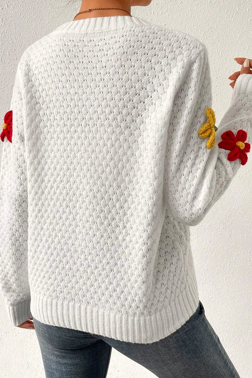 Crochet Flower Round Neck Sweater-Angel Casuals