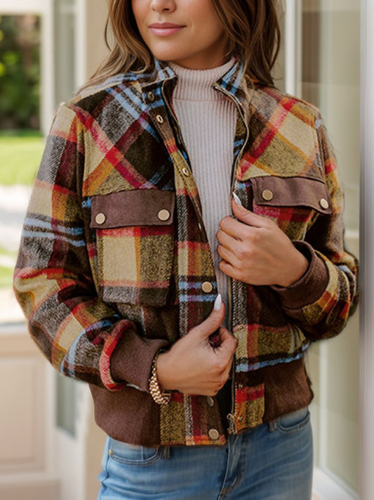 Pocketed Plaid Long Sleeve Jacket-Angel Casuals