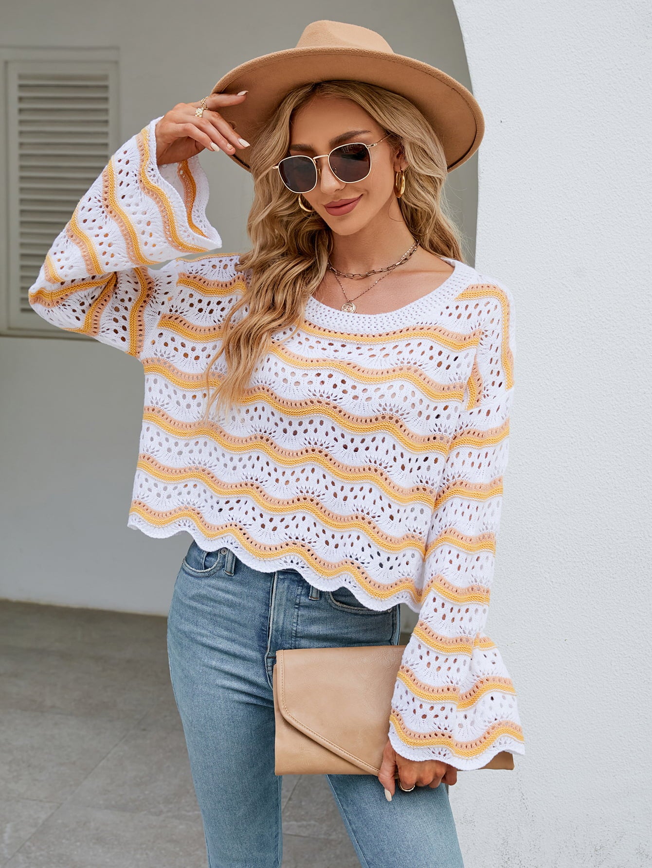 Round Neck Openwork Flare Sleeve Knit Top-Angel Casuals