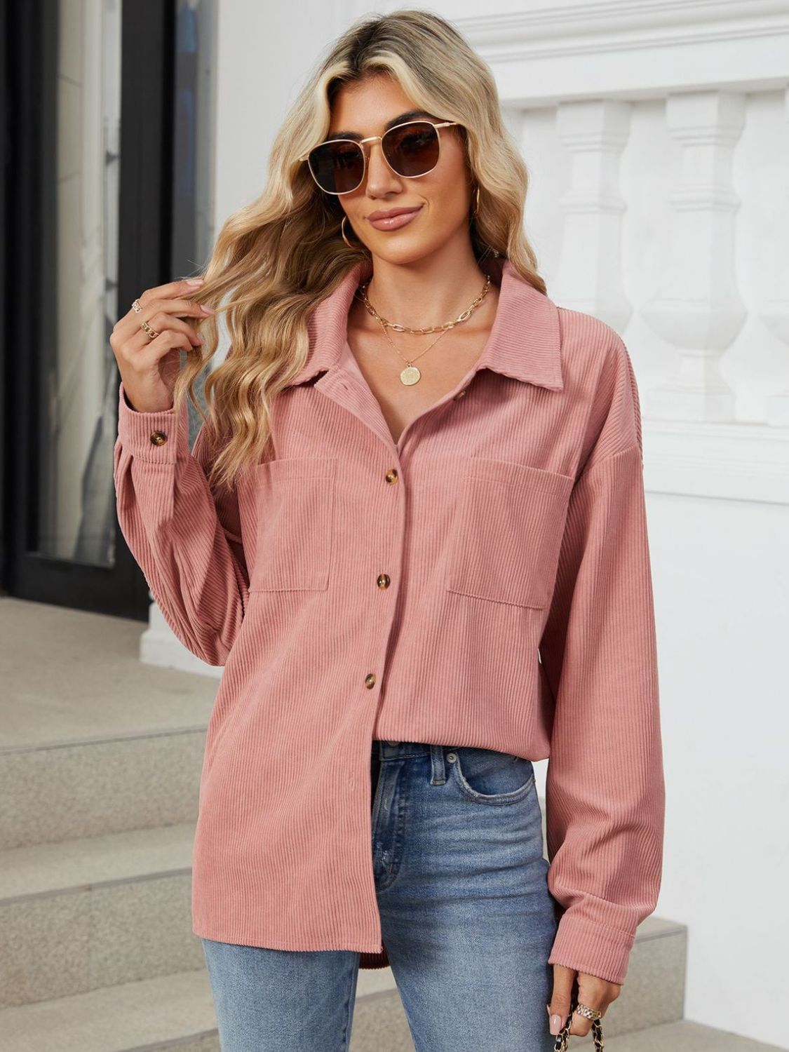 Button Up Dropped Shoulder Long Sleeve Outerwear-Angel Casuals